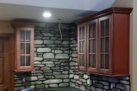 interior stone work kitchen and fireplace
